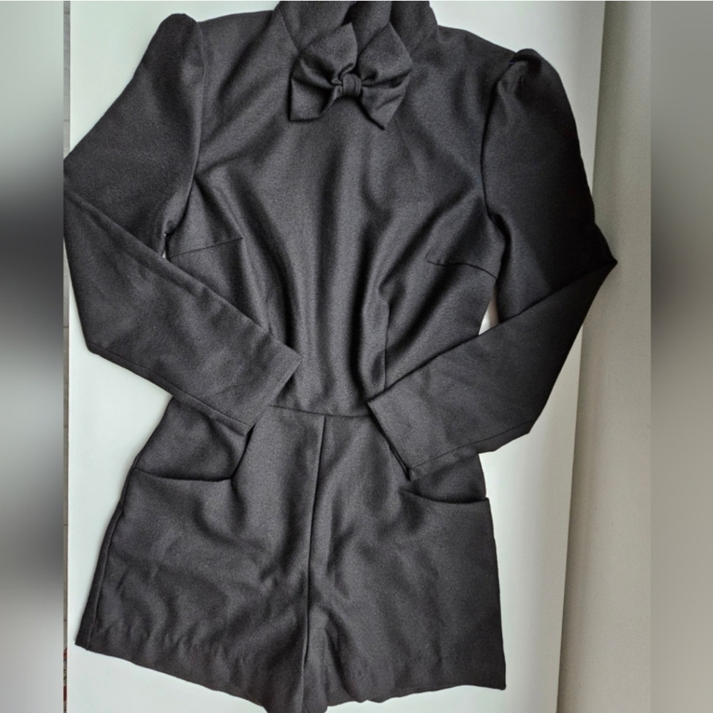 L'ecole des Femmes Black Long Sleeve Mock Neck With Bow One-Piece Short Jumpsuit